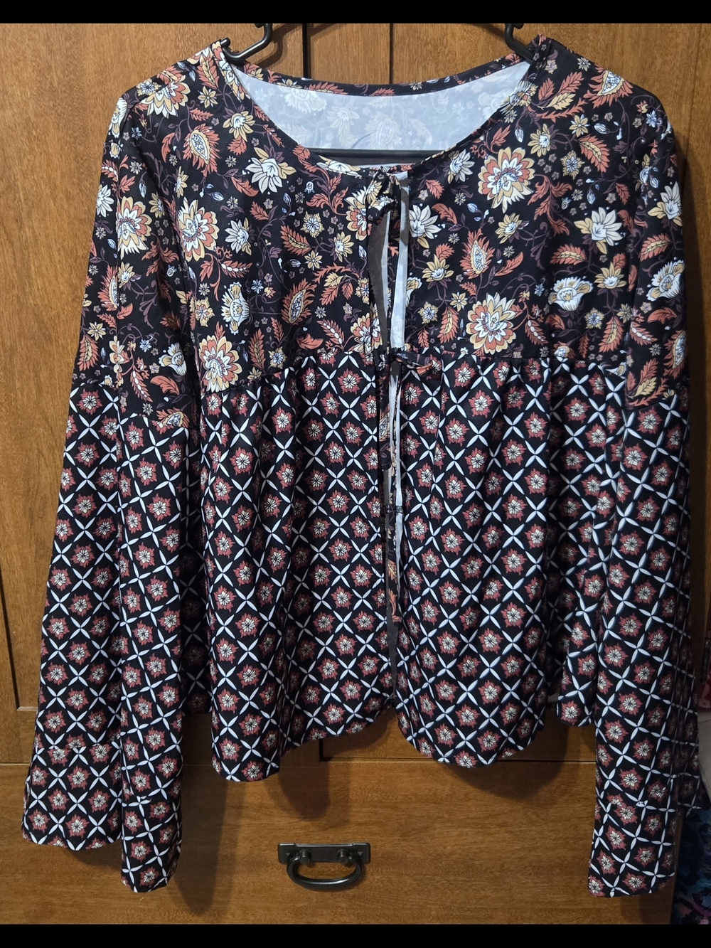Shein (Free People Knockoff) Tie-Neck Long-Sleeve Peasant Blouse